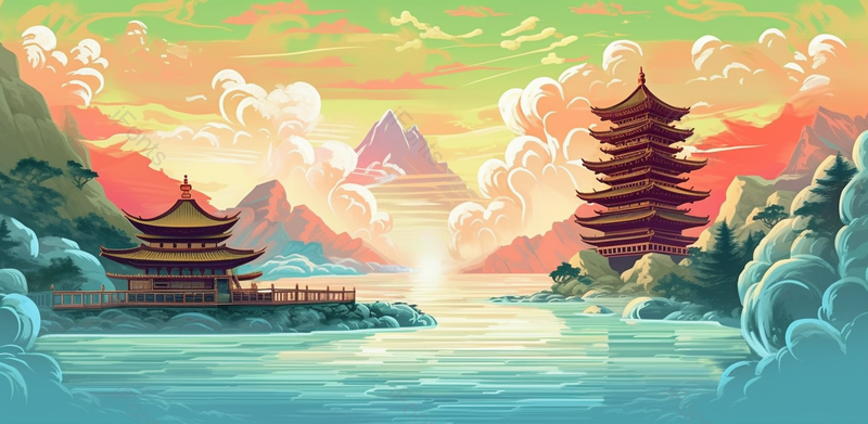 国风荷塘夕阳亭子祥云插画,插画/手绘图,插画/手绘图库,插画/手绘图下载,插画/手绘
